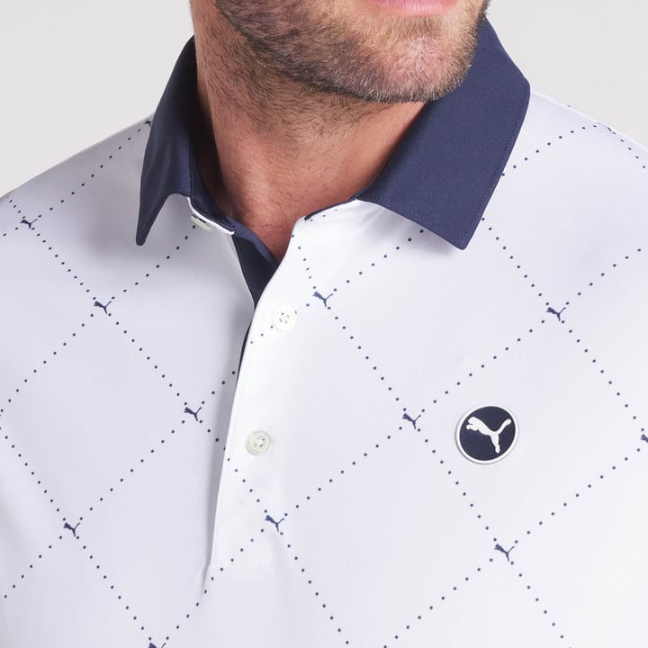 Puma Pure 2.0 Argyle Golf Polo Shirt - White/Navy Puma Pure 2.0 Argyle Golf Polo Shirt - White/Navy