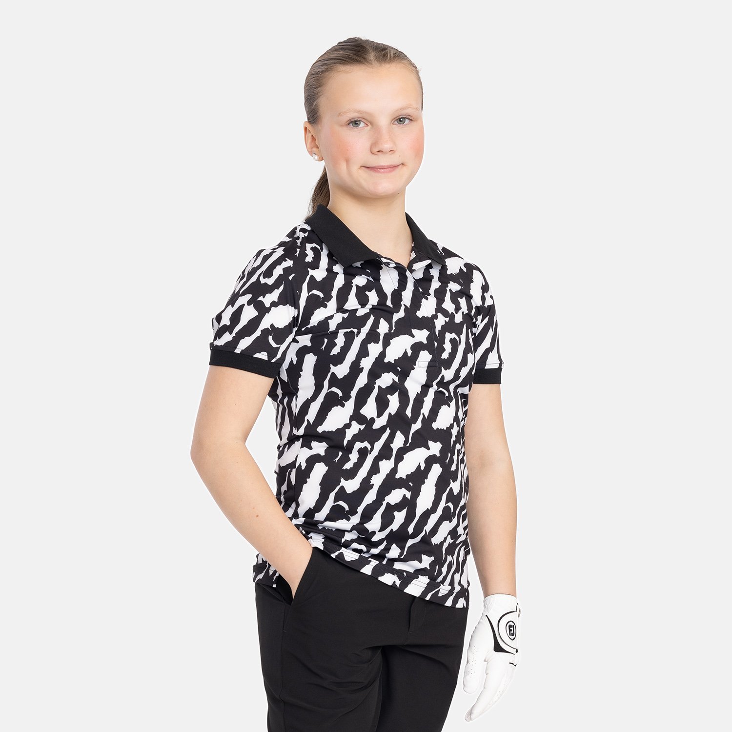 Jr Tech Hidden Button Pique AOP Sort Hvid Bogeys & Birdies