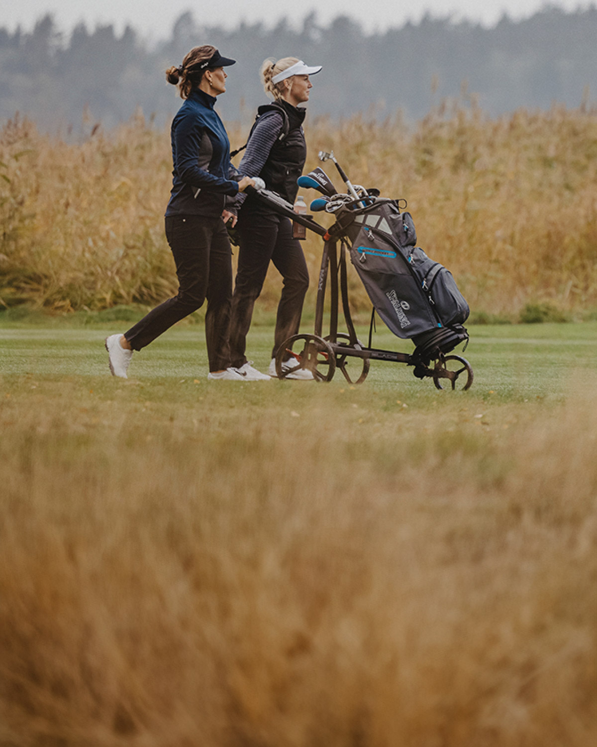 Kaksi naista kävelee golfkentällä ja vetää golfkärryä, jossa on golfmailoja, nurmikon poikki, korkean kaislikon ympäröiminä.