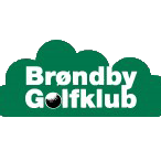 Logo: Hvid tekst "Brøndby Golfklub" på grøn baggrund formet som en busk, med en golfbold som bogstavet "o".