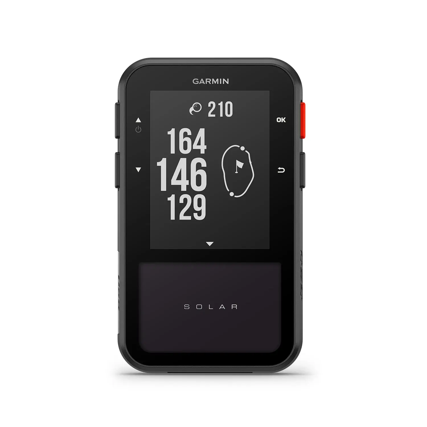 Garmin GPS-enhet visar siffrorna 210, 164, 146, 129 och en golfbana med hål, med texten "SOLAR" längst ner.