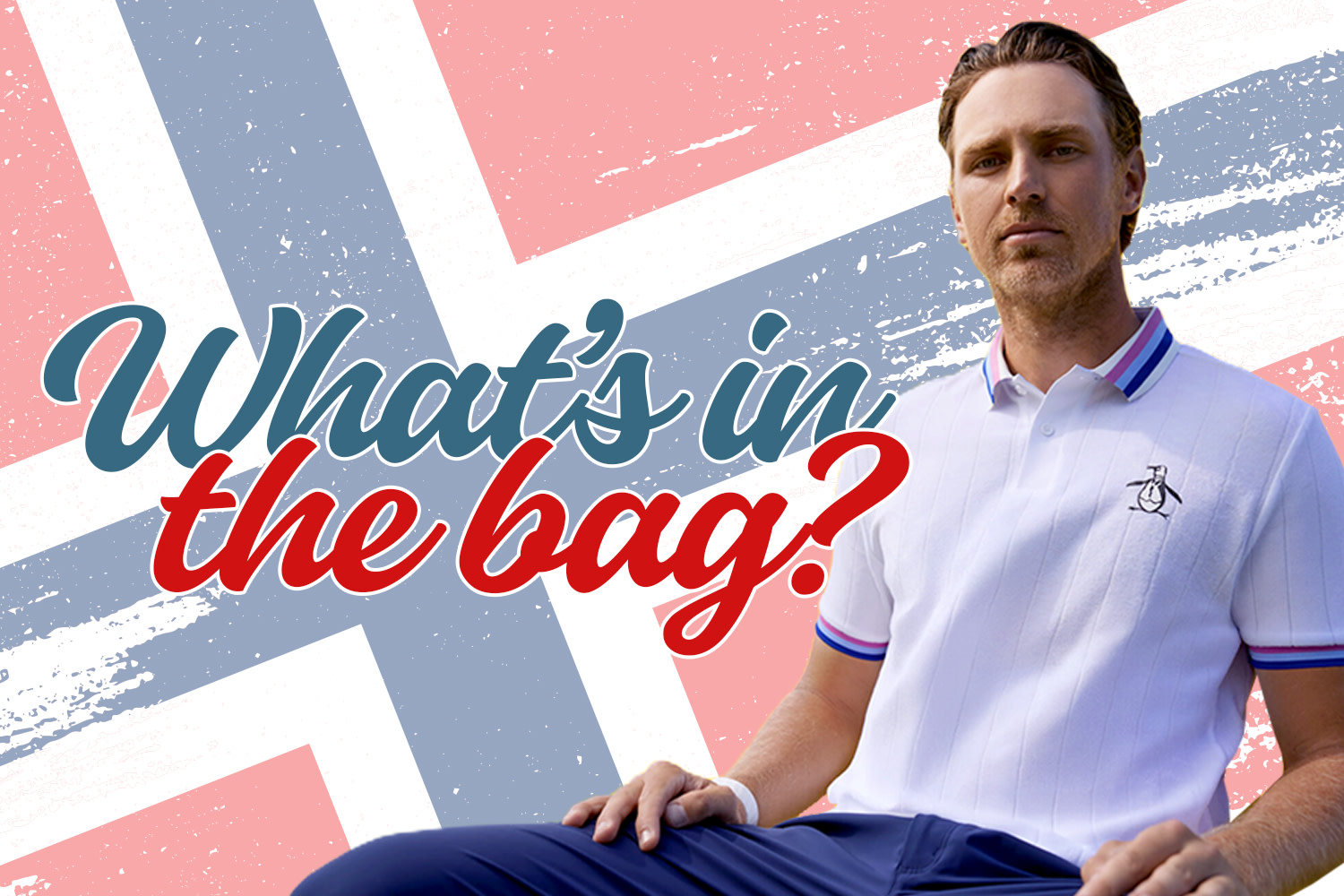 En mann i golfklær og PING-caps står foran et norsk flagg med teksten "Hva er i bagen?".