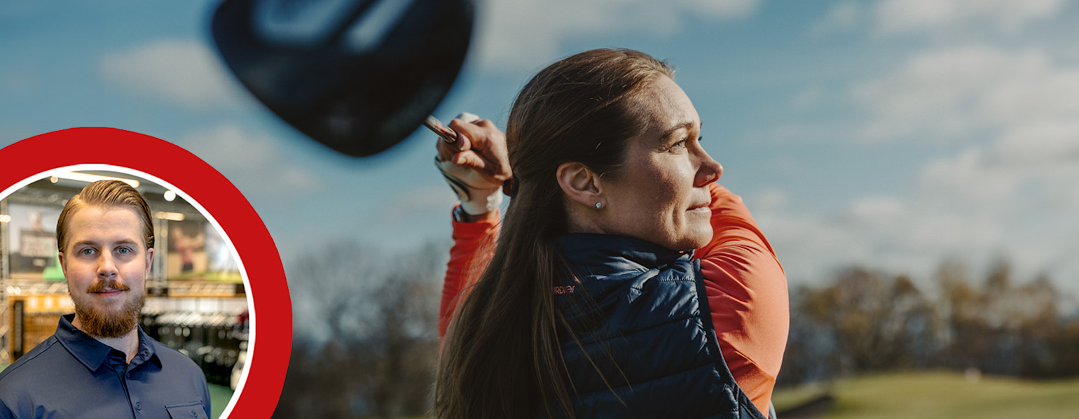 Nainen heilauttaa golfmailaa ulkona golfkentällä, miehen muotokuva myymäläympäristössä ympyrässä vasemmalla.
