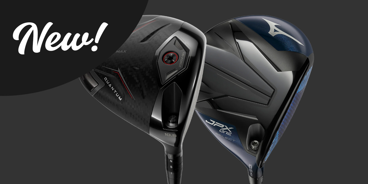 Två nya golfklubbor, en märkt "QUANTUM" och en "JPX ONE SELECT", visas mot en mörk bakgrund med texten "New!" i hörnet.