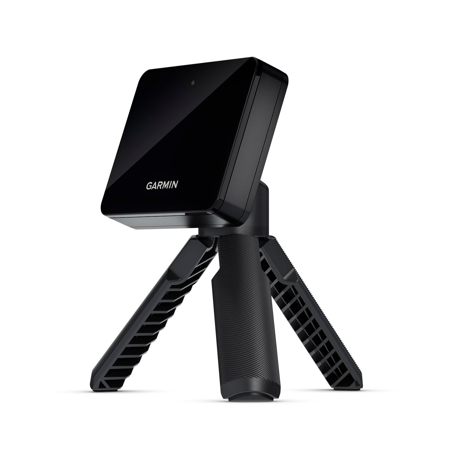 Schwarze Garmin-Kamera auf einem kompakten Dreibeinstativ vor weißem Hintergrund montiert.