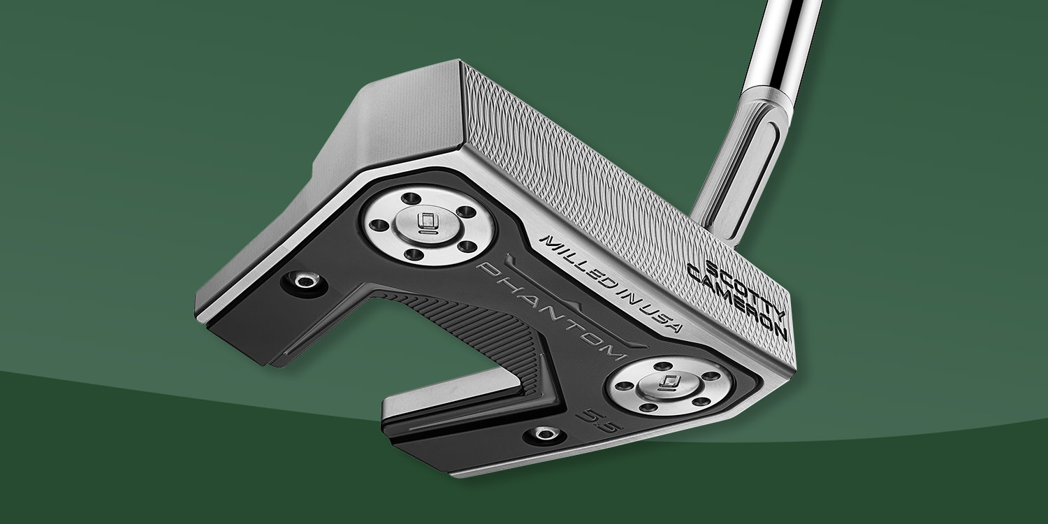 Golfputter av märket Scotty Cameron, modell Phantom 5.5, visas mot grön bakgrund med texten "Milled in USA".