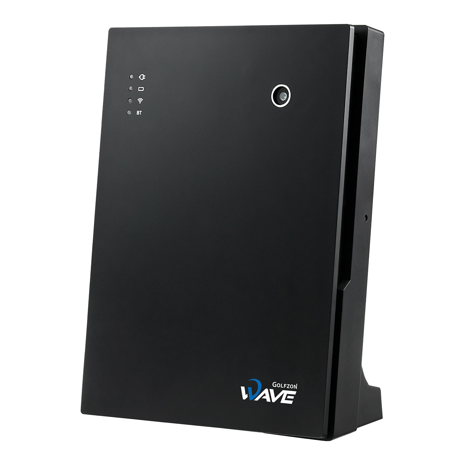 Schwarzes elektronisches Gerät mit Kontrollleuchten und der Aufschrift „GOLFZON WAVE“ auf der Vorderseite, stehend vor weißem Hintergrund.