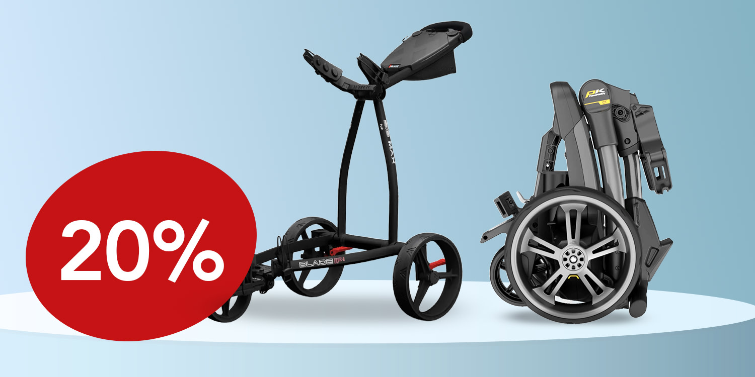 Golfvagn står på en ljusblå bakgrund, med en röd cirkel till vänster som visar texten "20%".