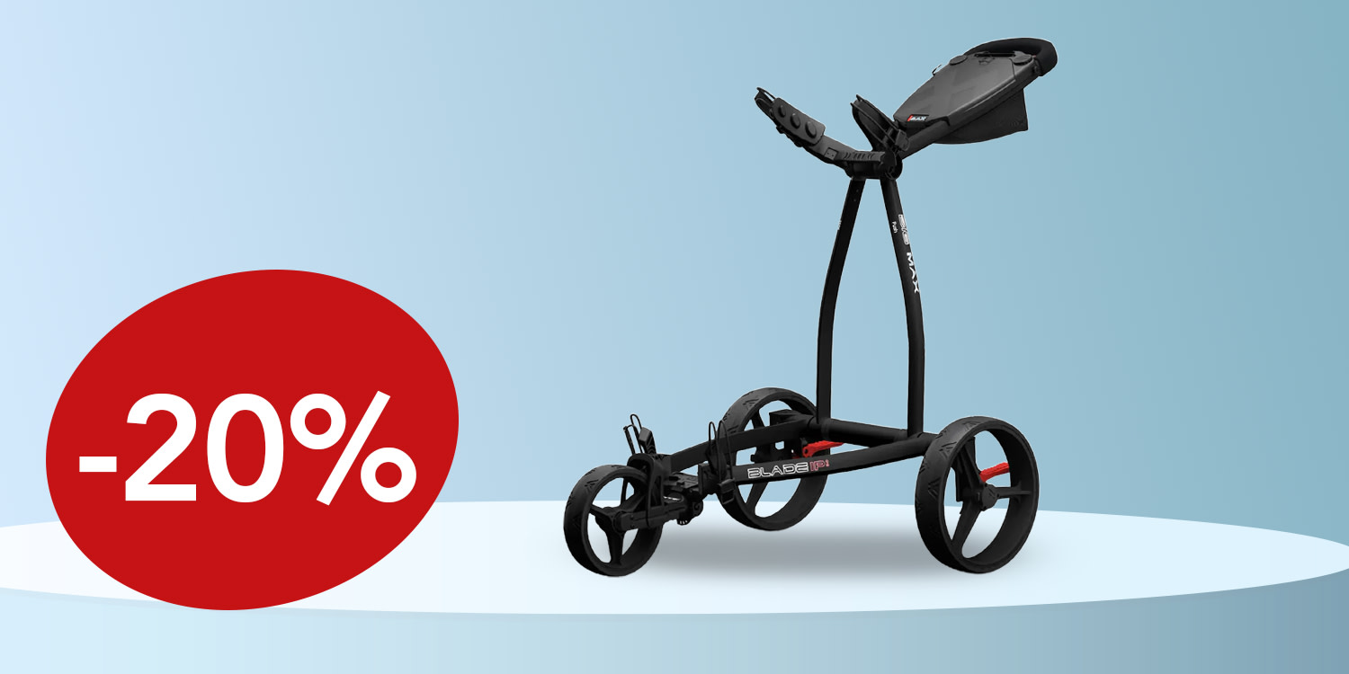 Golfkärry seisoo vaaleansinisellä taustalla, ja vasemmalla puolella on punainen ympyrä, jossa lukee "20%".