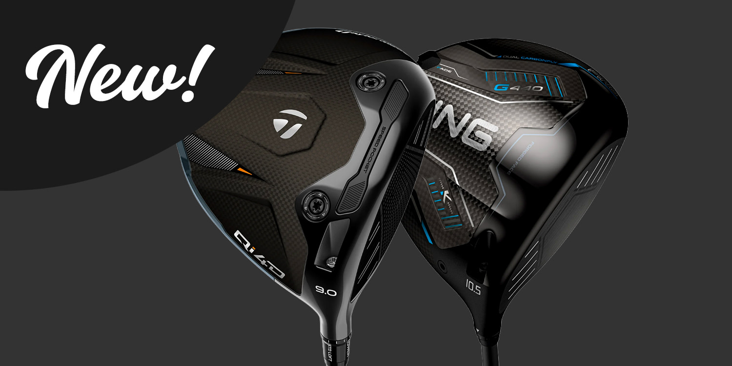 Två nya golfdrivers, TaylorMade och Ping G410, visas mot en mörk bakgrund med texten "New!" i hörnet.