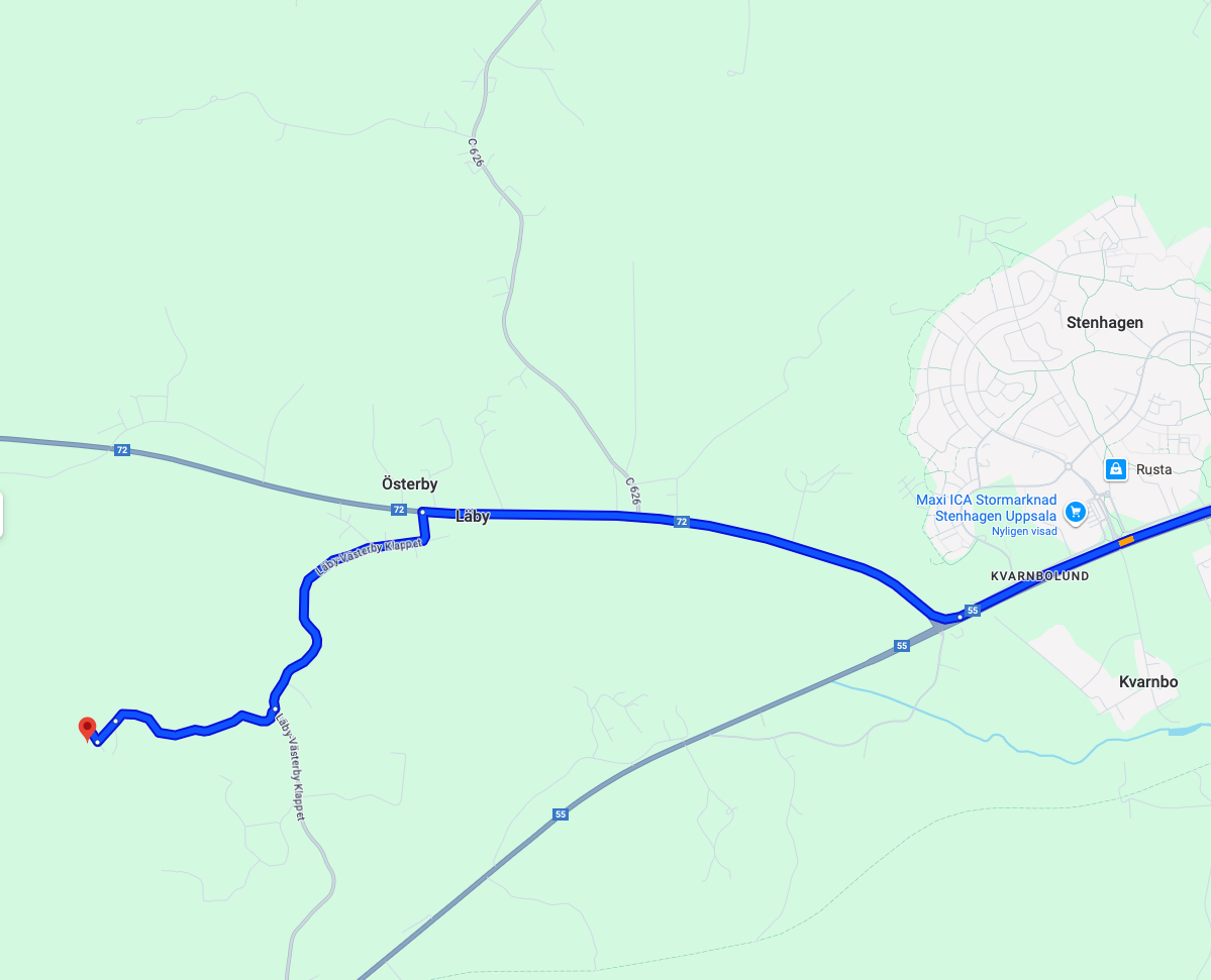 Road map showing a route from Stenhagen in Uppsala to a location near Läby and Västerby Chapel, via roads 72 and 55.