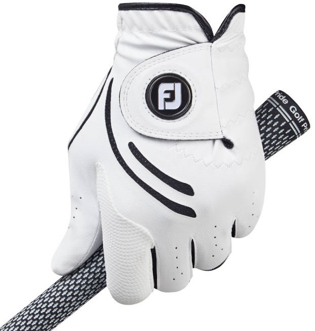 En vit golfhandske med svarta detaljer och FJ-logotyp håller i ett golfklubbskaft med mönstrat grepp.