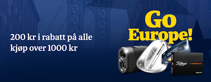 Here is the text translated and rewritten to Norwegian Bokmål (nb-NO):

"20 € rabatt på alle kjøp over 100 €", "Go Europe!". Golfprodukter vises mot en blå bakgrunn med bro og bygninger.