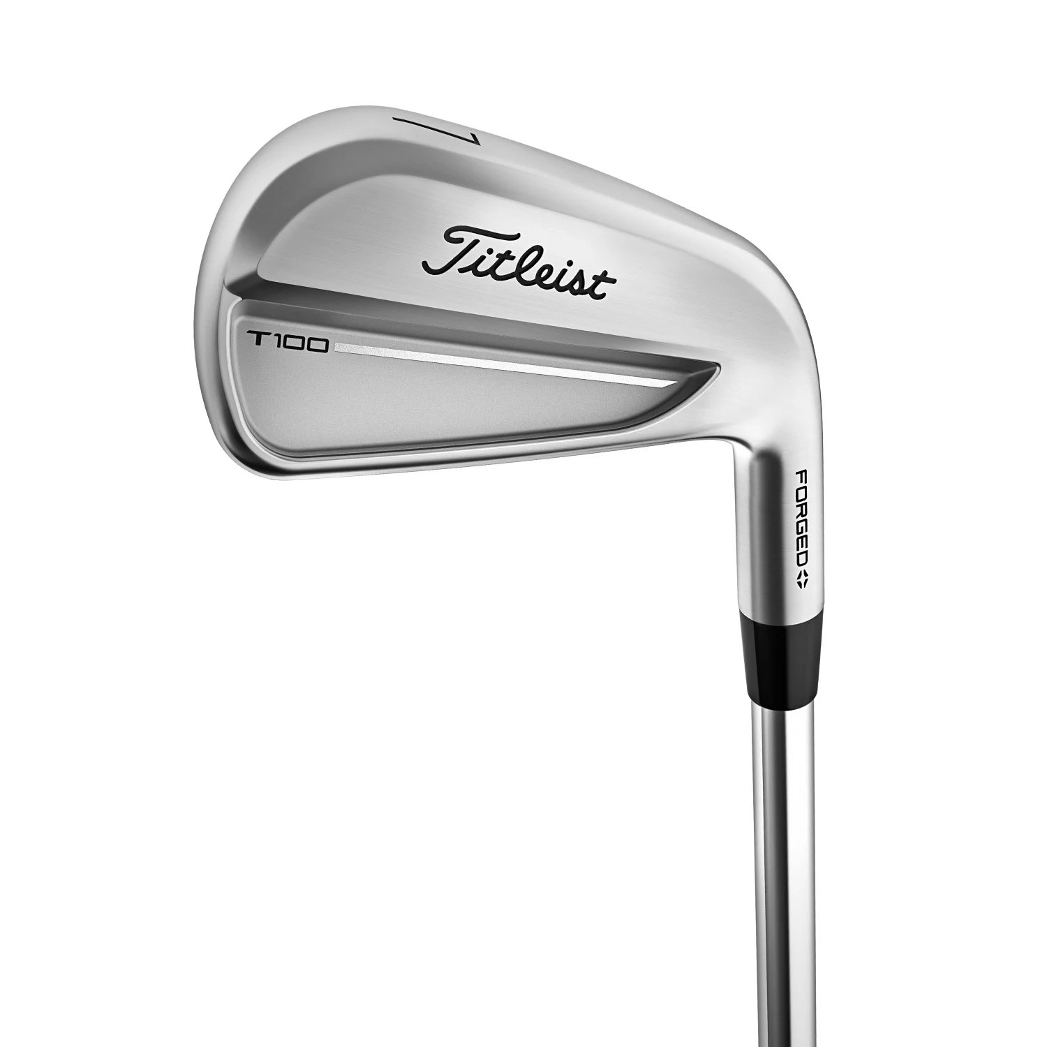 Golfklubba av typen järn, modell Titleist T100, med texten "FORGED" på skaftet och en blank metallfinish.