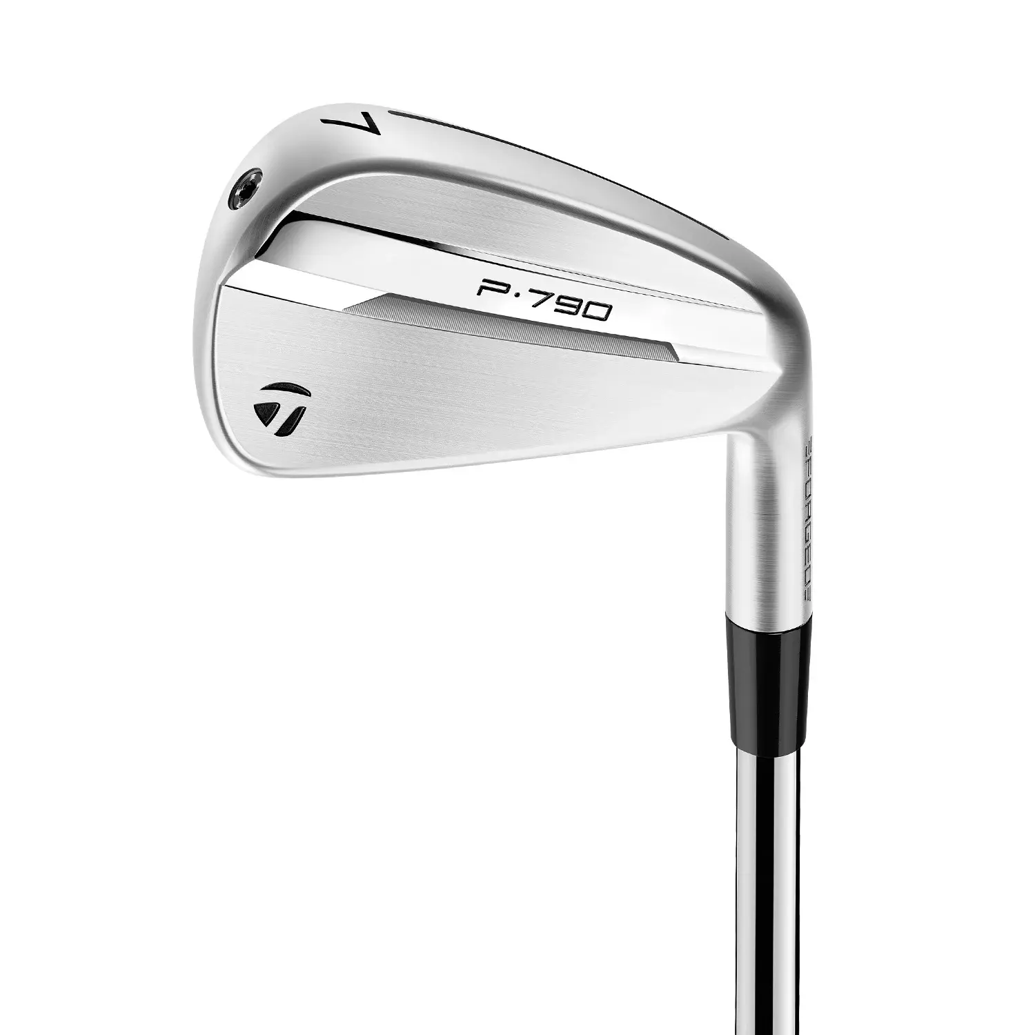 TaylorMade P.790 -rautamaila hopeisena, jossa musta ja valkoinen logo, kuvattuna valkoista taustaa vasten.
