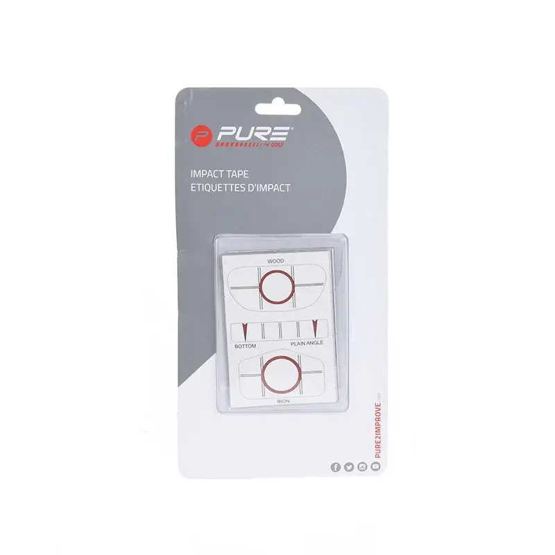 Förpackning med Pure Impact Tape för golf, innehållande etiketter för att analysera träffytan på klubbor, med text på engelska och franska.
