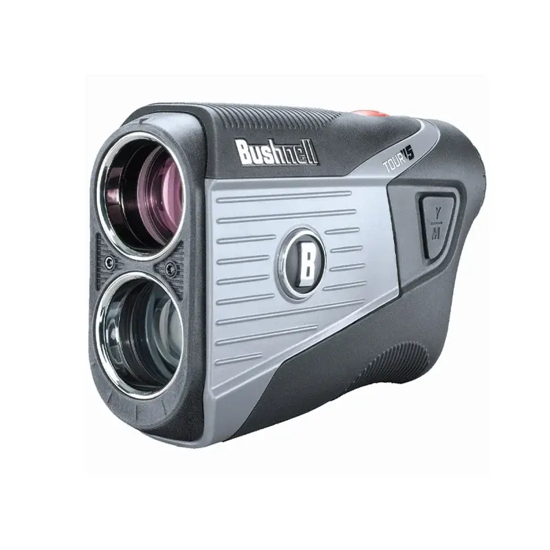 Avståndsmätare från Bushnell, modell Tour V5, med två linser och svart-grå design, används för golf.