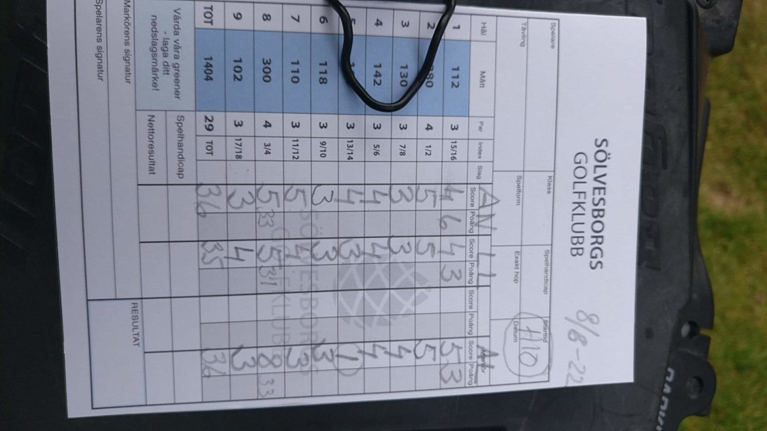 Et golfscorekort fra Sölvesborgs Golfklubb med håndskrevne tal og point, liggende på en sort overflade udendørs.