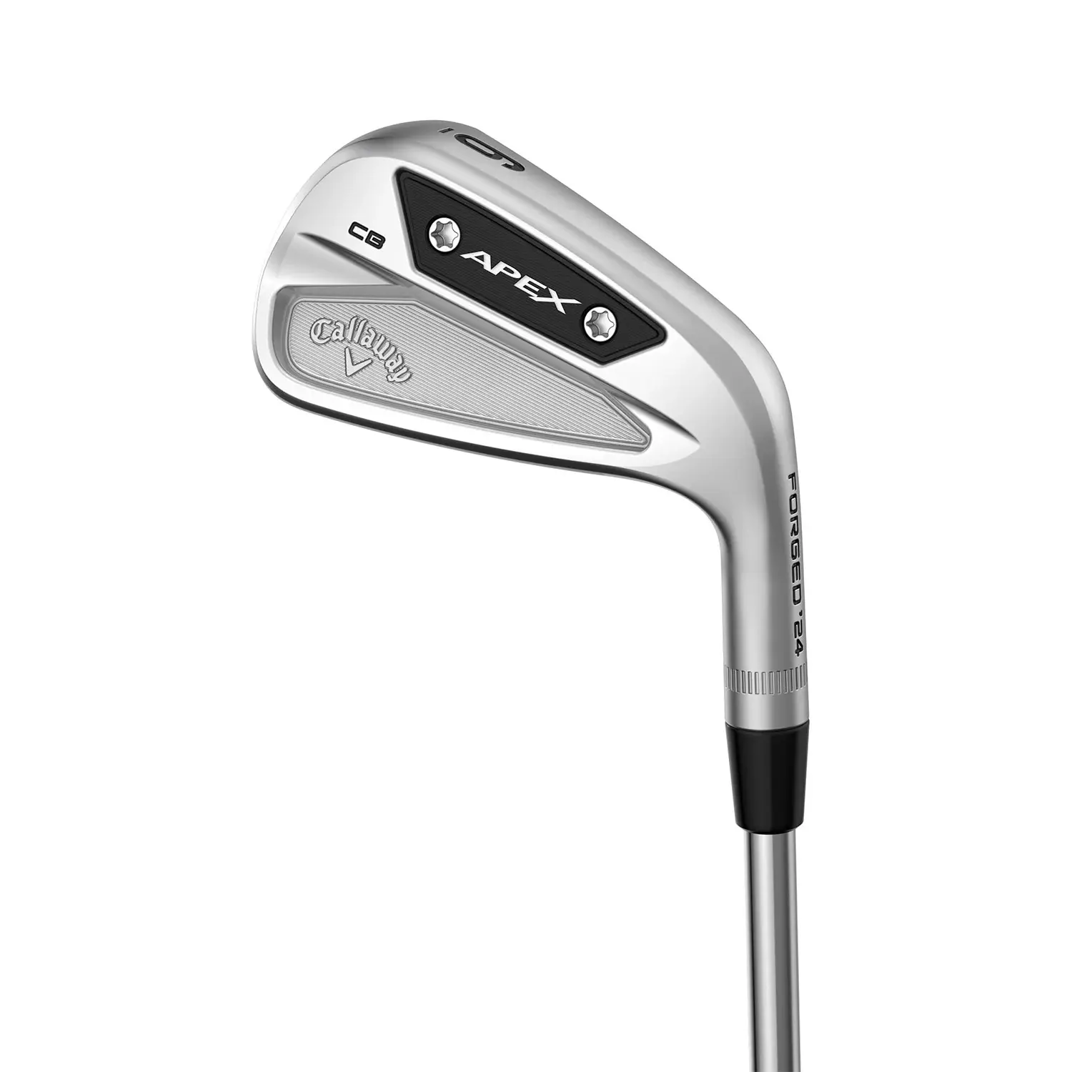 Callaway Apex CB -rautamaila hopeanvärisenä mustilla yksityiskohdilla, mailan lavassa näkyvät tekstit "APEX", "CB" ja "FORGED 24".