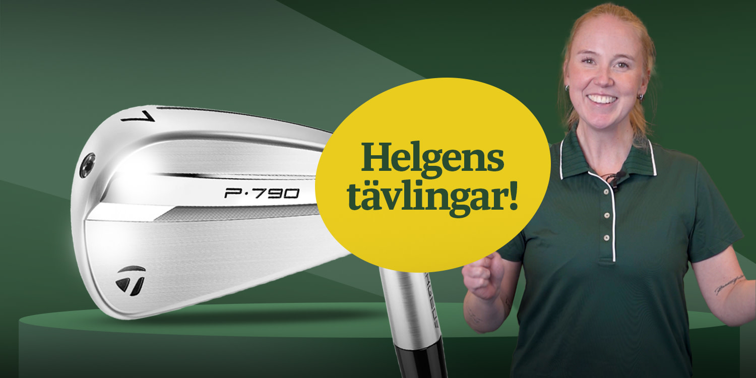 En kvinna i grön pikétröja ler bredvid en golfklubba med texten "P.790" och en gul cirkel med texten "Wettbewerb!".