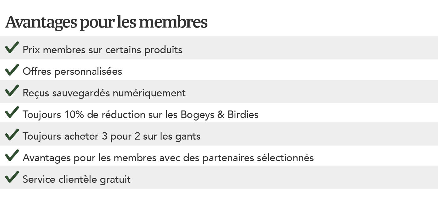 Liste des avantages exclusifs pour les membres du Dormy Club, incluant des prix r éservés aux membres, des offres personnalisées et un service client gratuit.