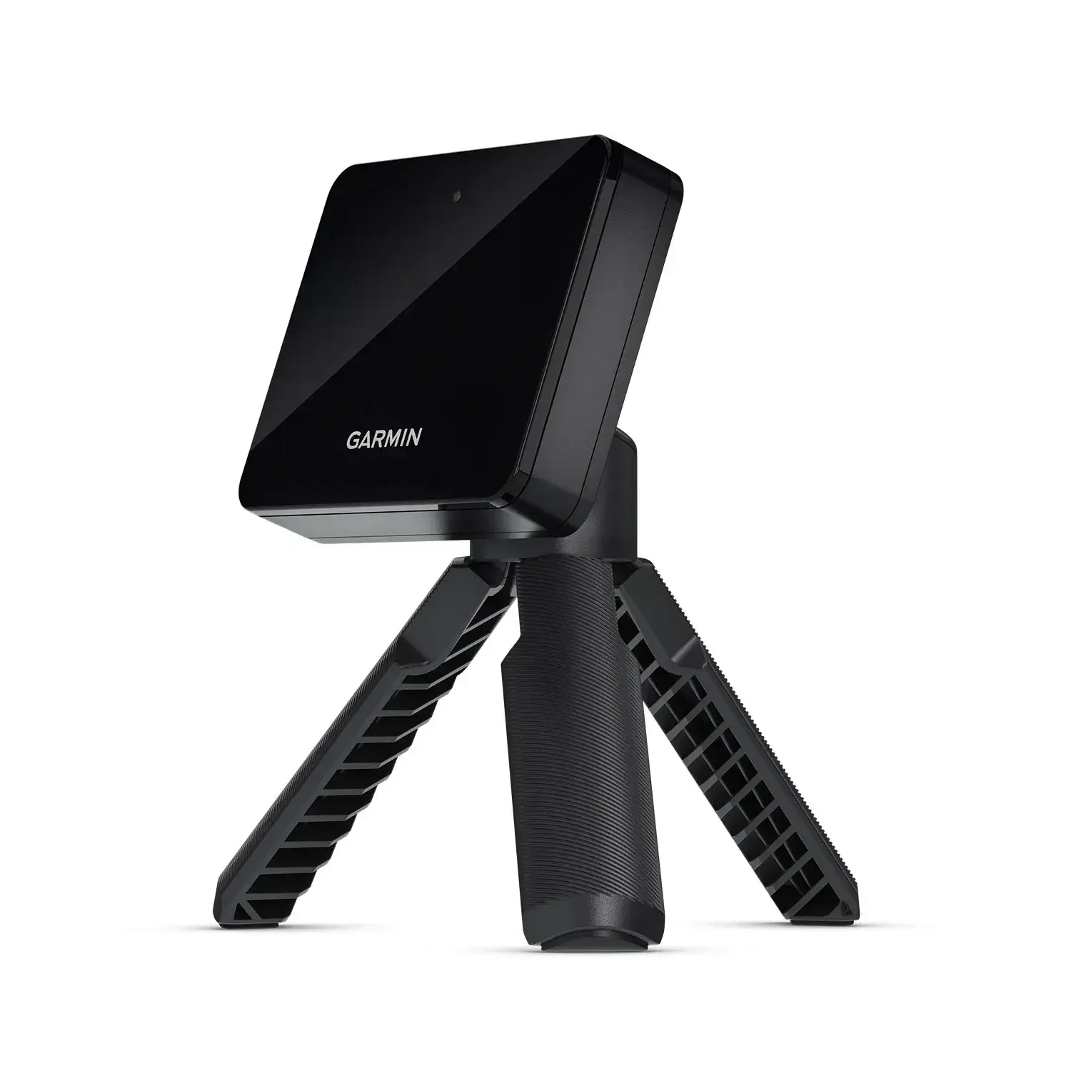 Svart Garmin-enhet monterad på ett litet stativ med tre ben, placerad mot vit bakgrund.