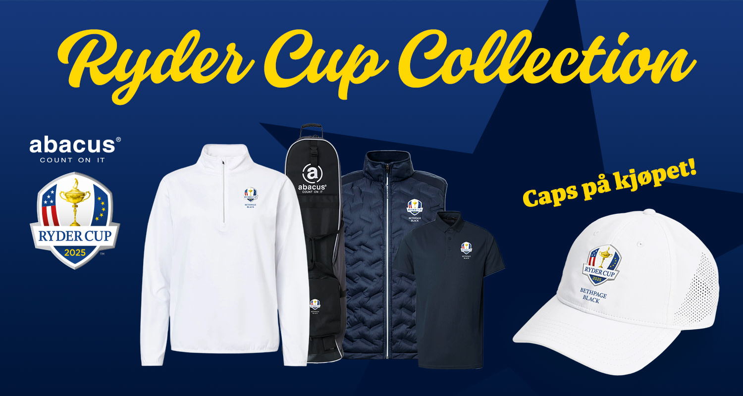 Ryder Cup Collection-klær og tilbehør fra Abacus, inkludert jakke, pique, golfbag og caps med Ryder Cup 2025-logo.