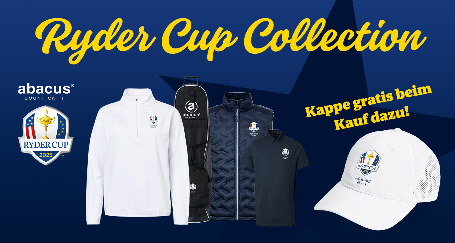 Ryder Cup Collection-Bekleidung und Accessoires von Abacus, darunter Jacke, Poloshirt, Golftasche und Kappe mit Ryder Cup 2025-Logo.