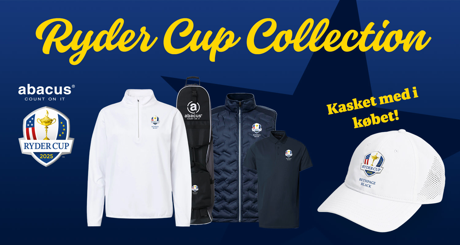 Ryder Cup Collection-tøj og accessories fra Abacus, inklusive jakke, polo, golfbag og kasket med Ryder Cup 2025-logo.