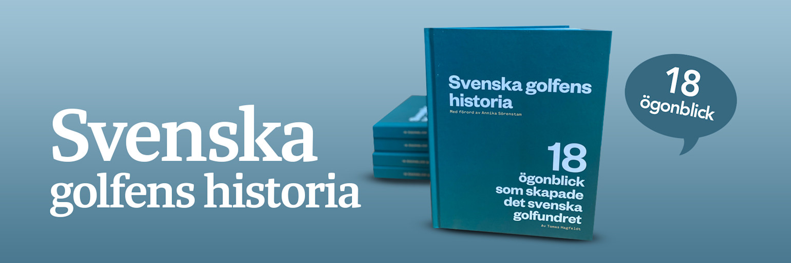 Bok med titeln "Svenska golfens historia: 18 ögonblick som skapade det svenska golfundret" står uppställd mot en blå bakgrund.