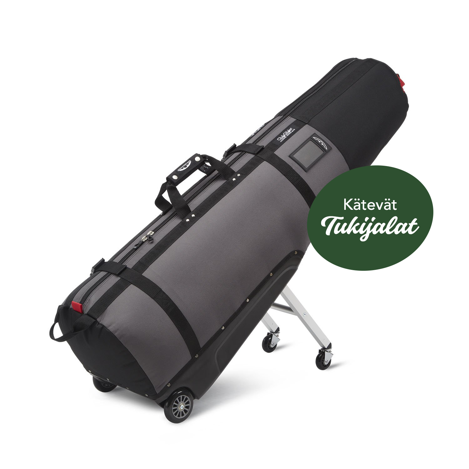 Harmaa ja musta suksipussi, jossa on pyörät ja kahva, nojaa valkoista alustaa vasten.