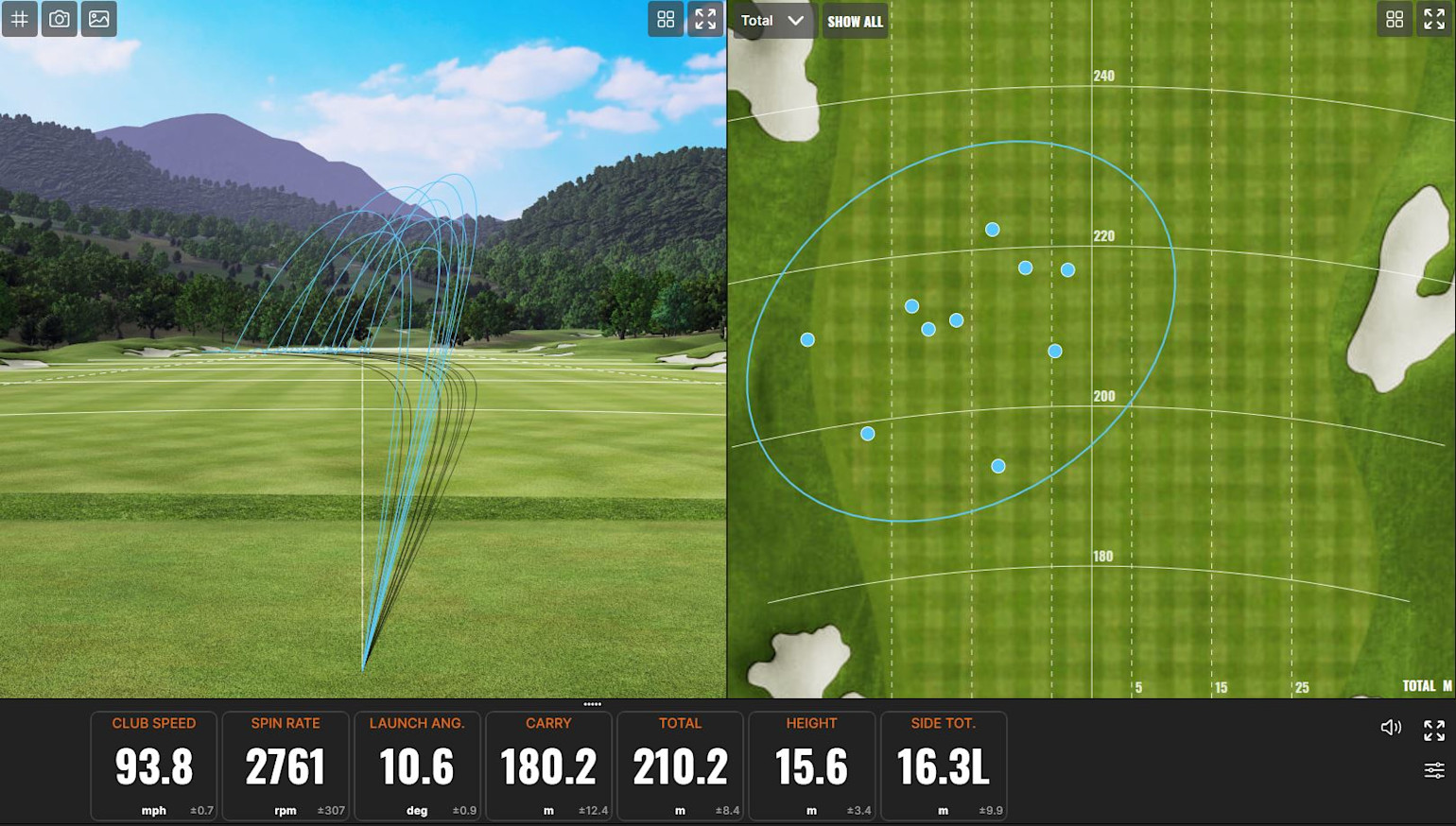 Golfbollars flyktbanor och nedslagsplatser visas på en virtuell fairway, med statistik som klubbhastighet 93,8 mph och carry 180,2 m.