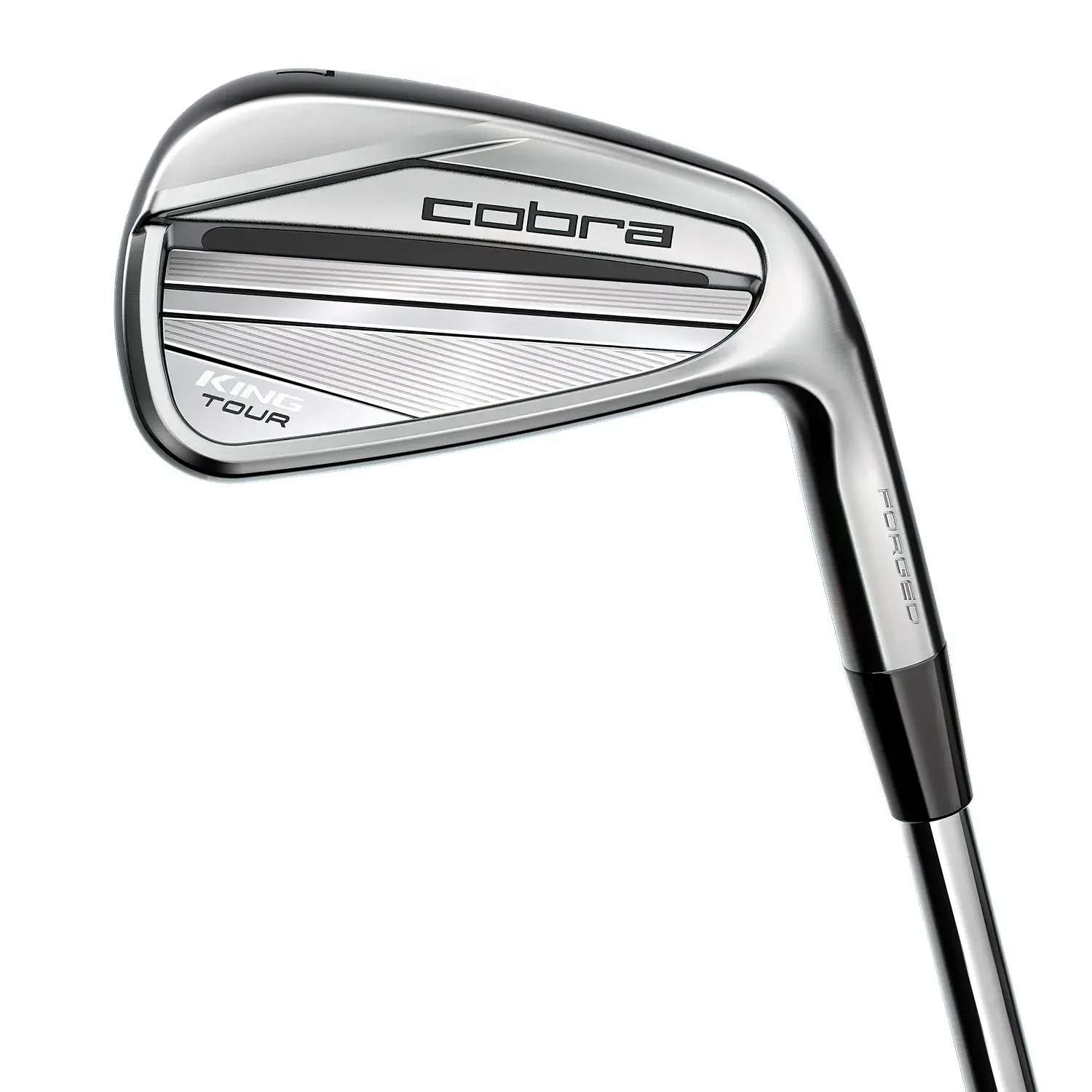 Närbild på ett silverfärgat golfjärn med texten "cobra", "KING TOUR" och "FORGED" ingraverat på klubbhuvudet.