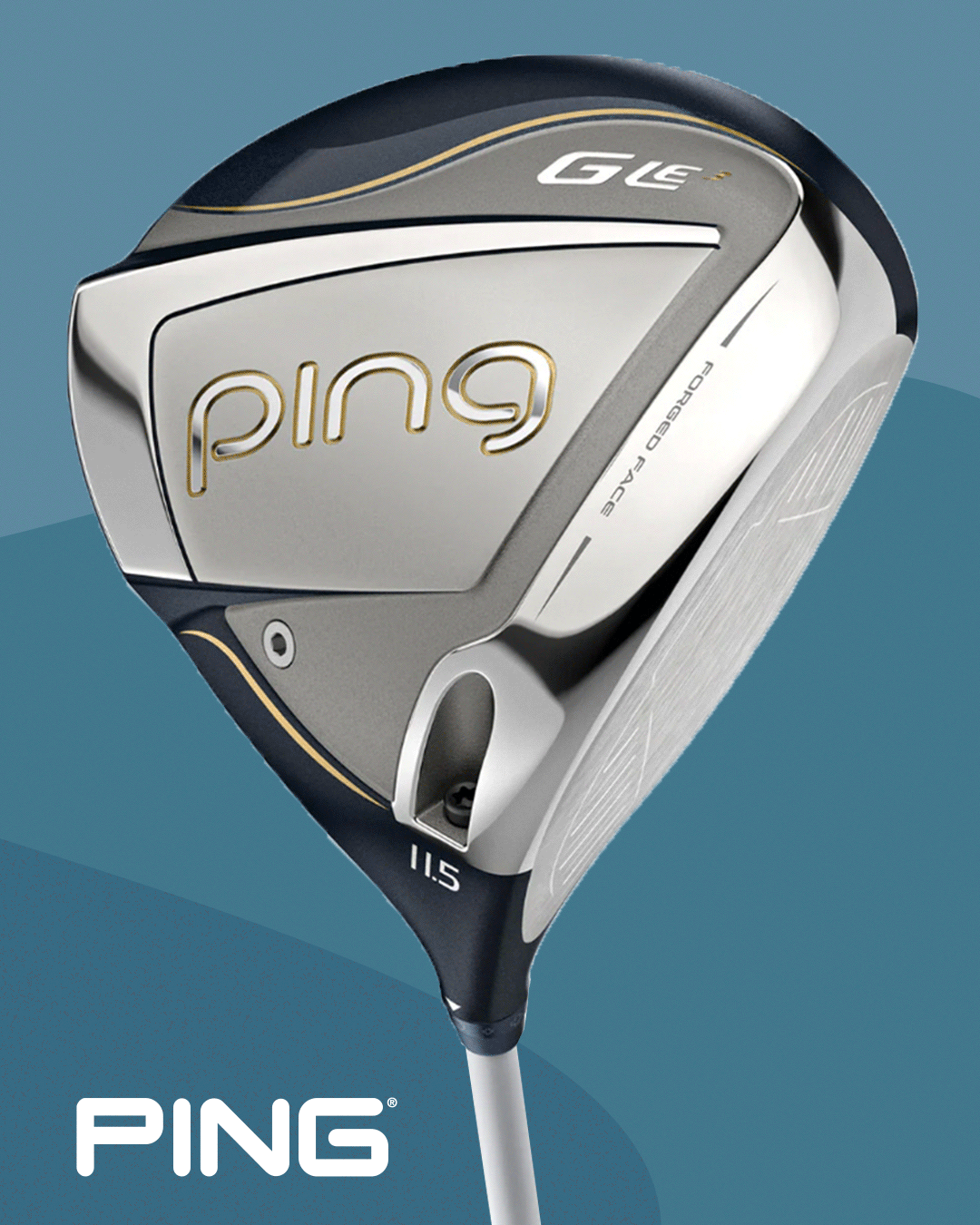 Golfklubba PING GLe2 driver med silver och gulddetaljer, texten "FORGED FACE" och "11.5" på klubbhuvudet, mot blå bakgrund.