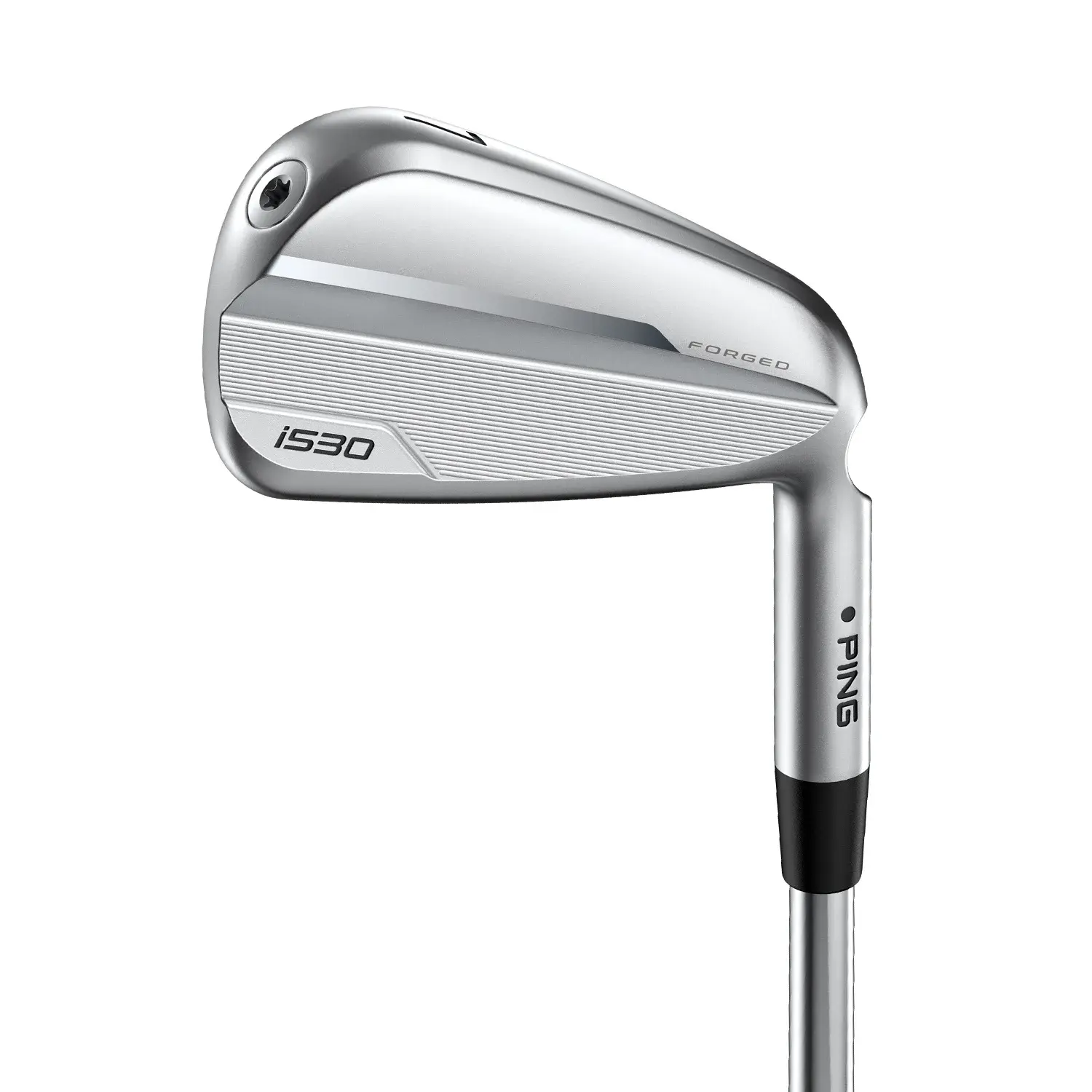 Golfklubba i järnmodell, märkt med "i530" och "FORGED", samt "PING" på skaftet, mot vit bakgrund.