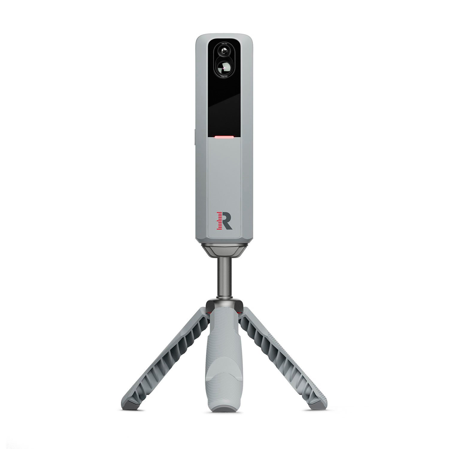 Graue rechteckige Kamera mit schwarzem Objektiv, montiert auf einem kompakten, ausgeklappten Dreibeinstativ vor weißem Hintergrund.
