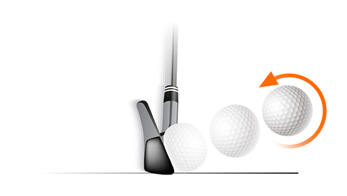 En golfklubba slår till en golfboll som rullar framåt, med en orange pil som visar rörelseriktningen.
