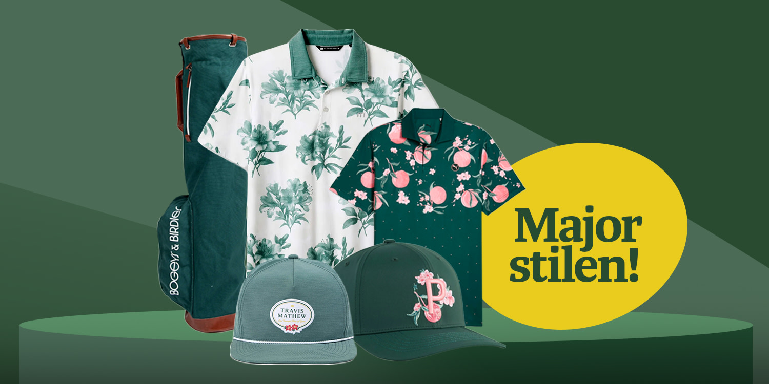 Golfväska, två pikétröjor med blommönster och två gröna kepsar visas mot grön bakgrund, texten "Major style!" syns.