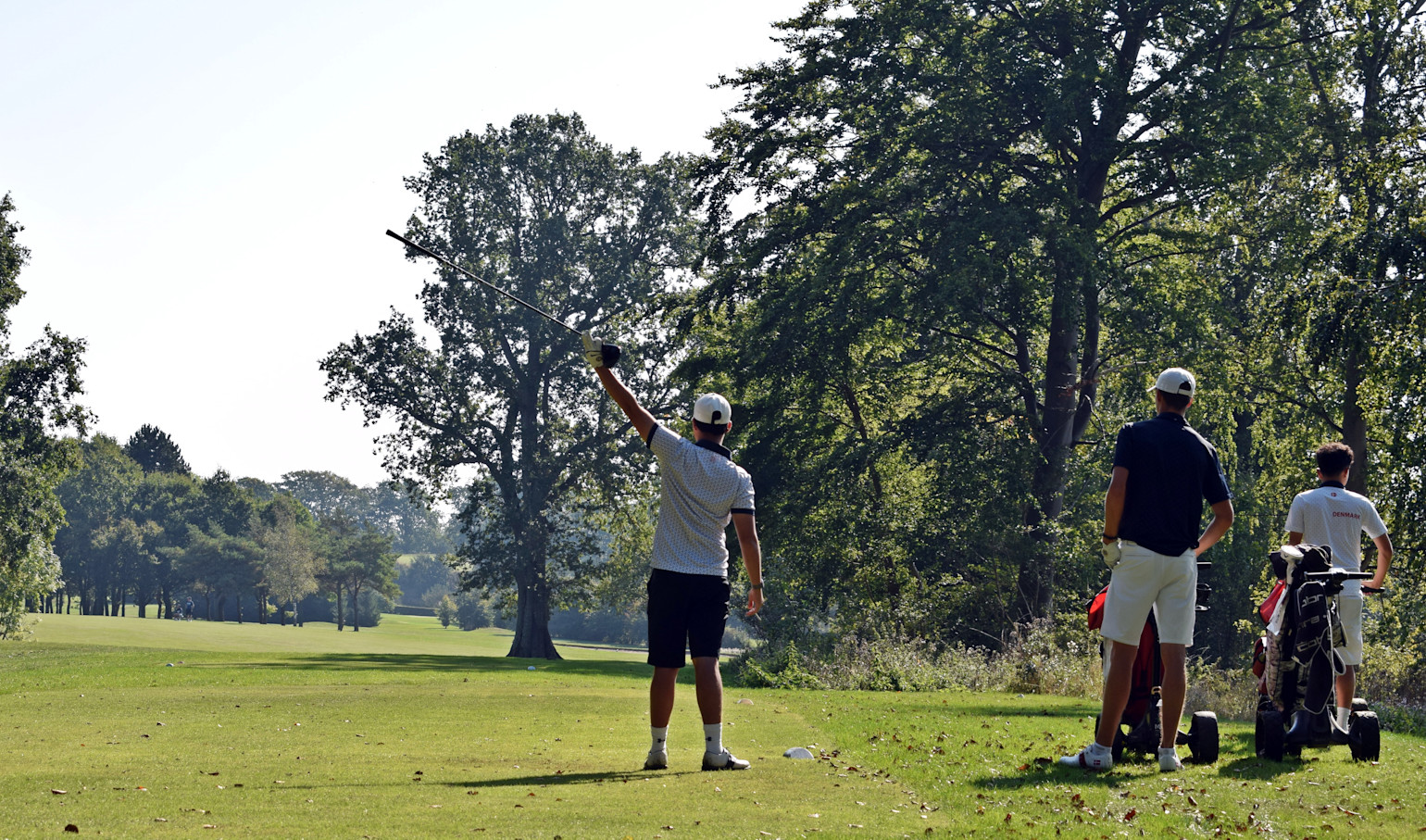 Tre golfspelare står på en grön golfbana, en lyfter sin klubba mot himlen medan de andra tittar på omgivningen bland träd.