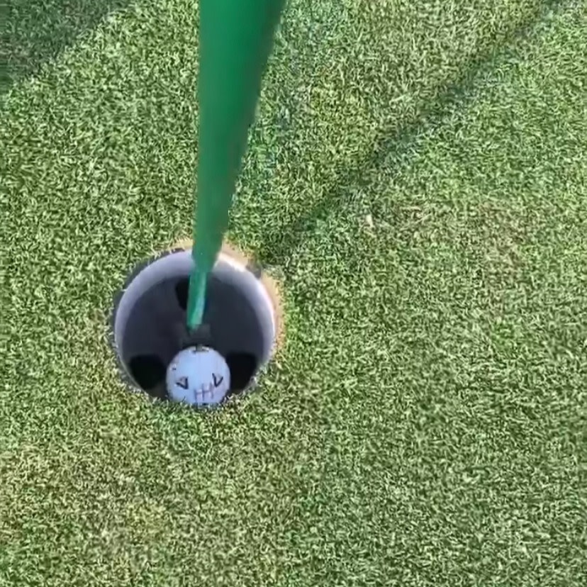 En golfbold med et tegnet ansigt ligger i hullet ved siden af flagstangen på en velplejet green.