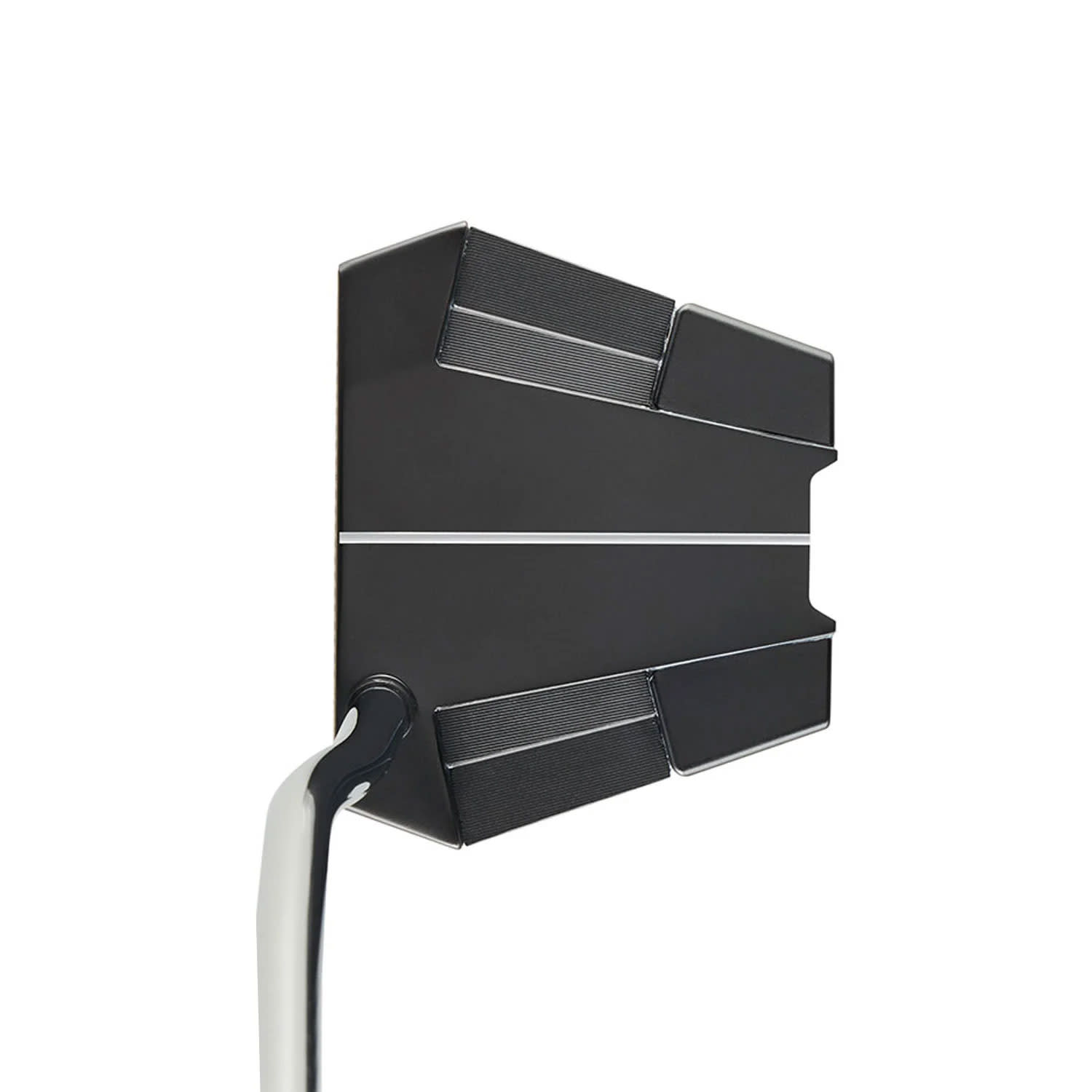 Svart golfputter med rektangulärt huvud och vita linjer för sikte, stålskaft synligt till vänster.