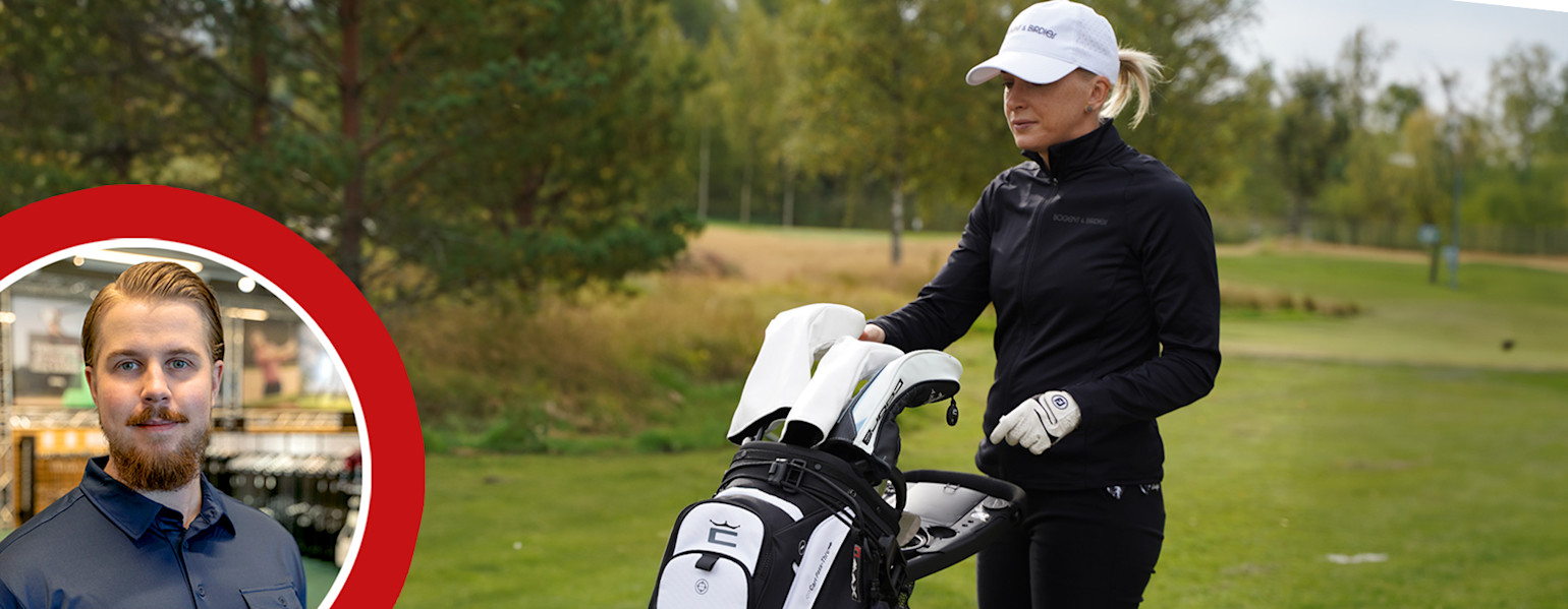 Nainen golfvaatteissa vetä ä golfkärryä vihreällä golfkentällä, vasemmalle on upotettu muotokuva miehestä myymäläympäristössä.