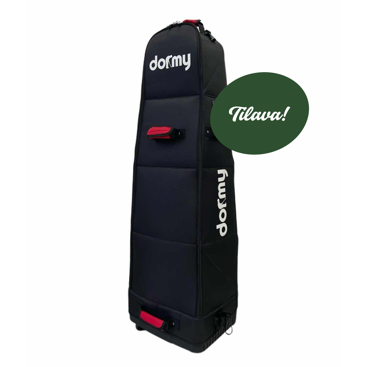 Musta golfmatkakassi, jossa valkoinen "dormy"-teksti ja punaiset kahvat, seisoo pystyssä valkoista taustaa vasten.