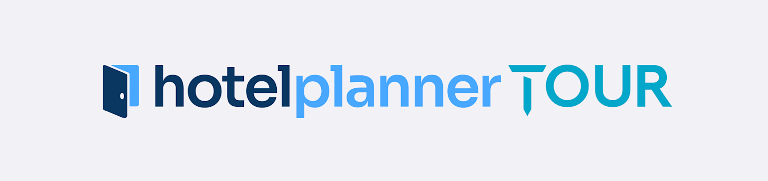 Logo: A blue door icon followed by the text "hotelplanner TOUR" in blue and turquoise shades on a light background.