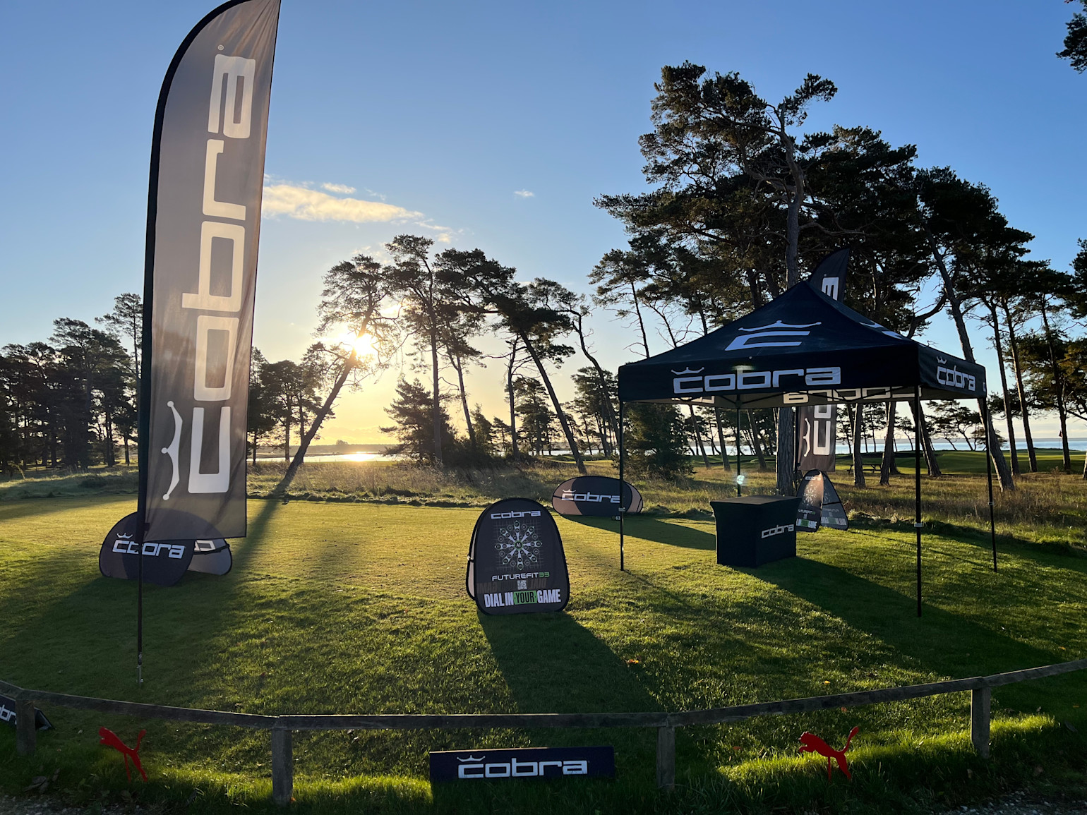 Reklamstånd för Cobra Golf med flaggor, tält och skyltar på en golfbana i soluppgång, omgiven av träd och gräs.
