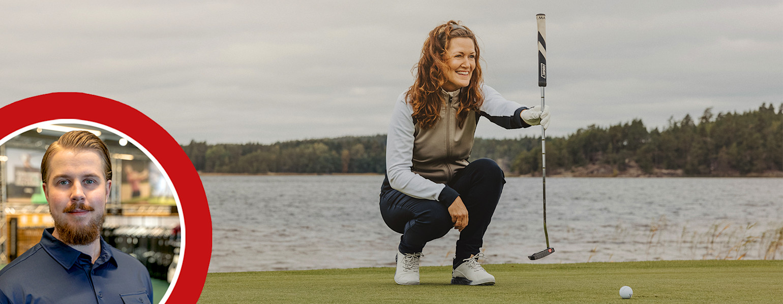Nainen kyykistyy ja hymyilee pitäen golfmailaa viheriöllä järven rannalla, taustalla metsä. Kuvassa on myös leikattu muotokuva miehestä.