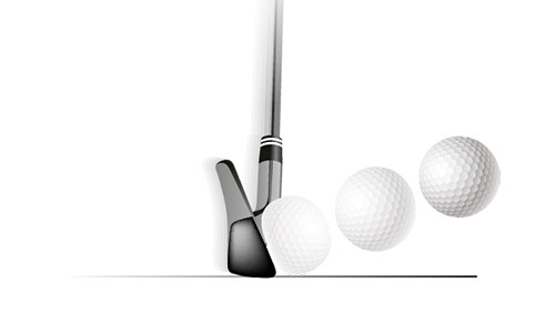 En golfklubba slår till en golfboll, med två andra golfbollar placerade bredvid på en vit bakgrund.