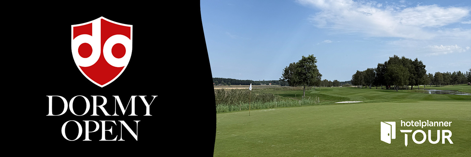 Dormy Open logo to the left, golf course with flag and trees to the right, the text "hotelplanner TOUR" visible at the bottom.