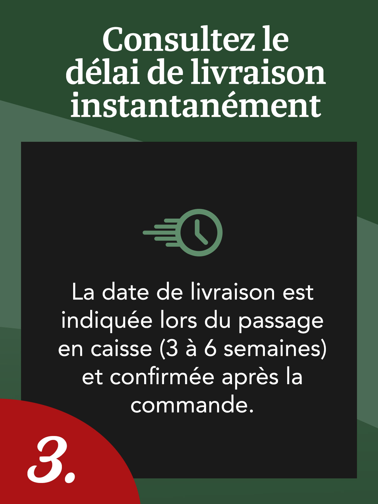 Consultez directement le délai de livraison. La date de livraison s’affiche dans le panier (3 à 6 semaines) et sera confirmée après la commande.