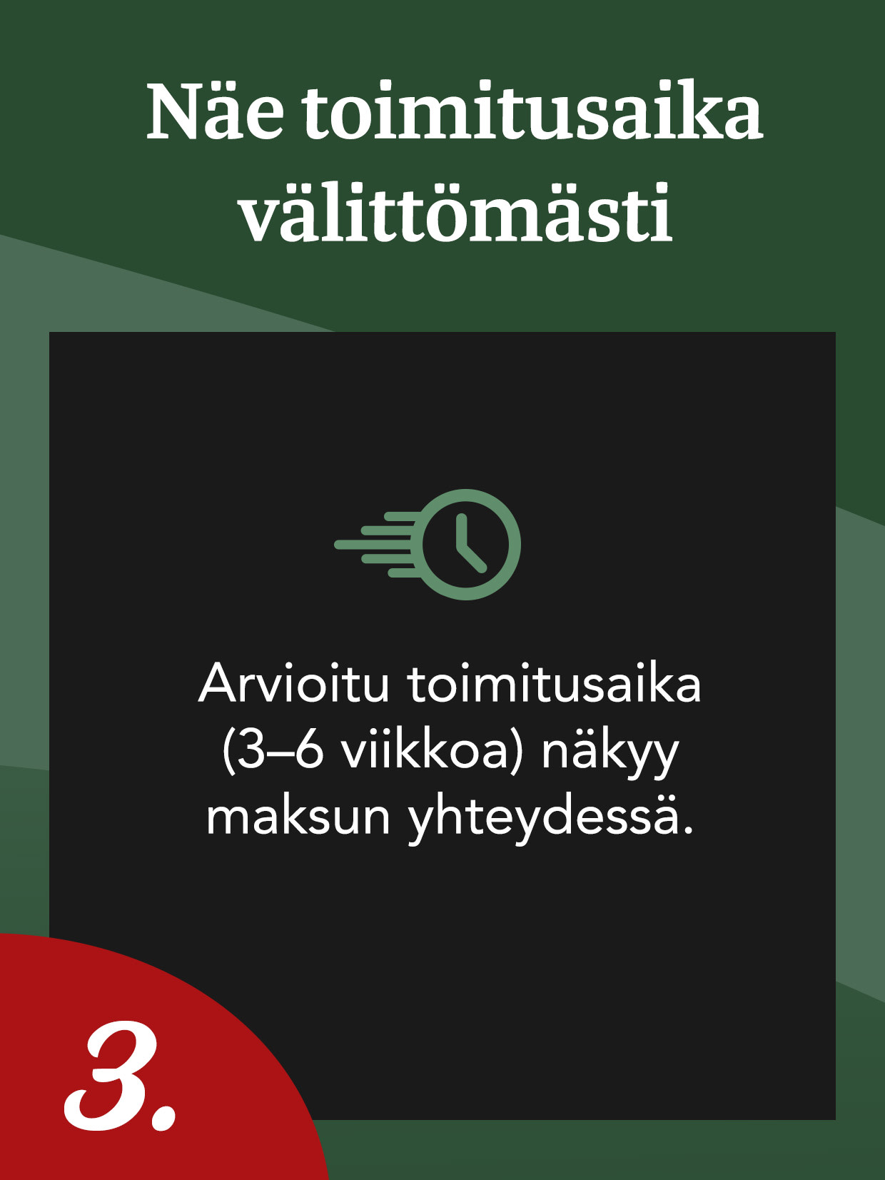 Näet toimitusajan suoraan. Toimituspäivä näytetään ostoskorissa (3–6 viikkoa) ja vahvistetaan tilauksen jälkeen.
